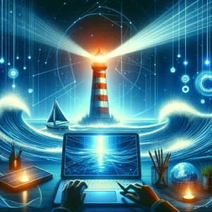 Une illustration conceptuelle montrant un phare futuriste projetant de la lumière sur un océan numérique, symbolisant l'amélioration des performances et de la visibilité d'un site web grâce à la technologie.