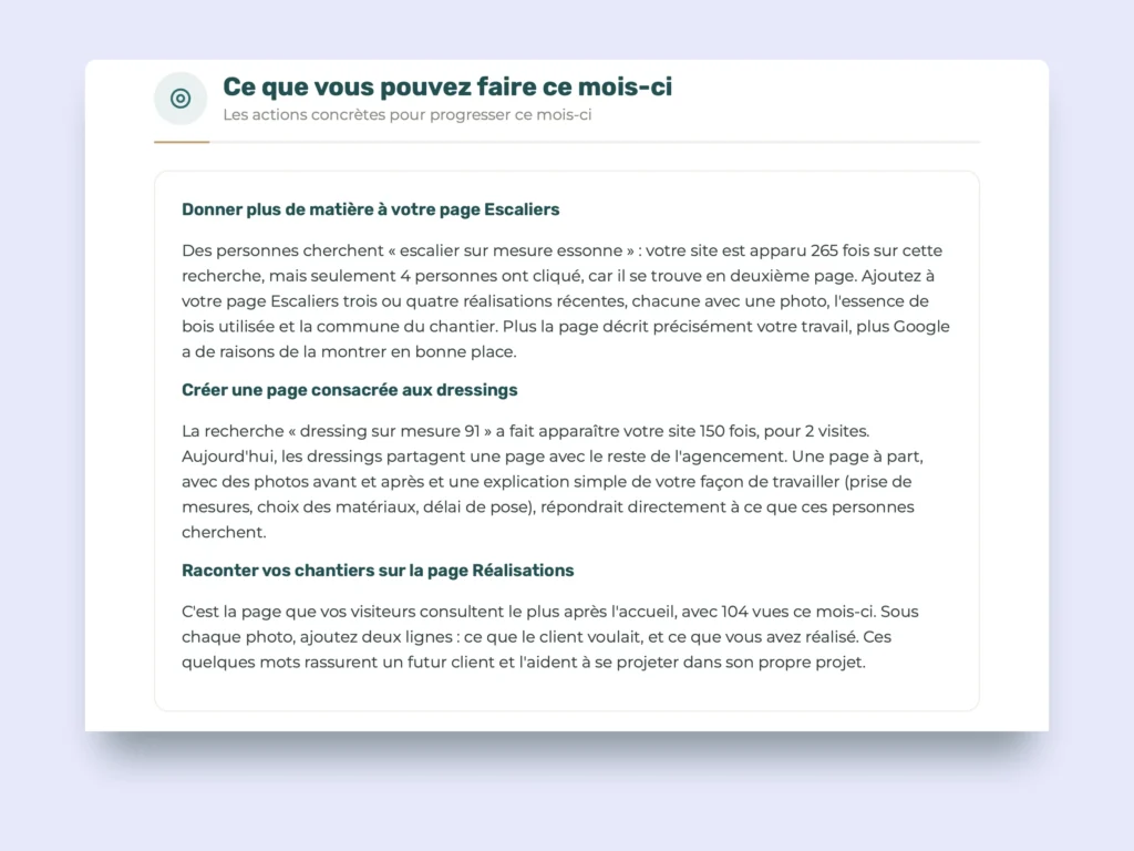 Extrait d’un rapport mensuel généré par Copilote, avec des conseils pour améliorer le site (données fictives)