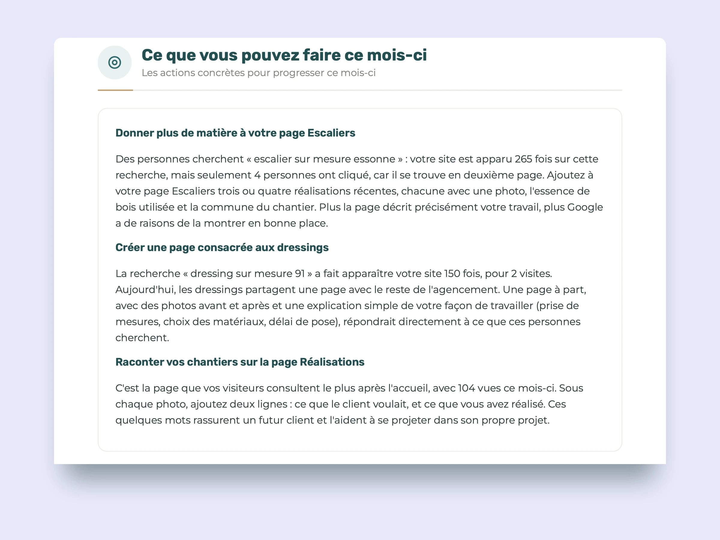 Copilote 3 Extrait d'un rapport mensuel généré par Copilote : rubrique « Ce que vous pouvez faire ce mois-ci » avec trois conseils concrets pour améliorer le site (données fictives).