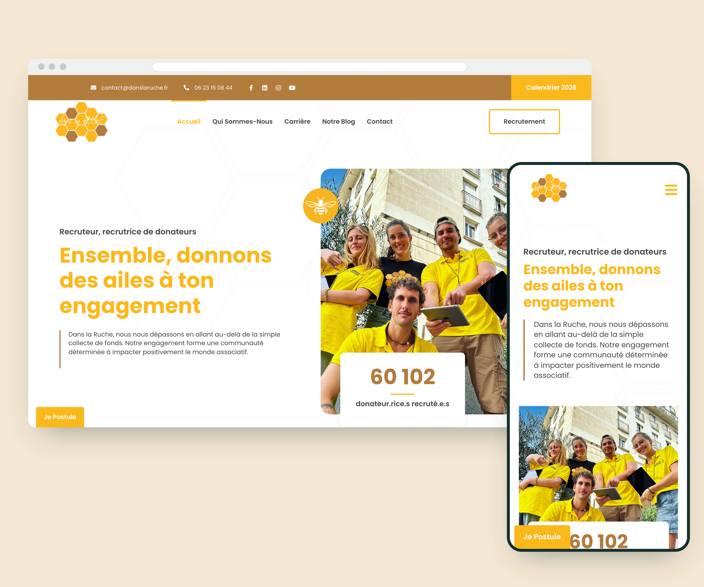 Page d’accueil du site de Dans La Ruche sur ordinateur et sur téléphone : titre « Ensemble, donnons des ailes à ton engagement » et photo d’une équipe de recruteurs