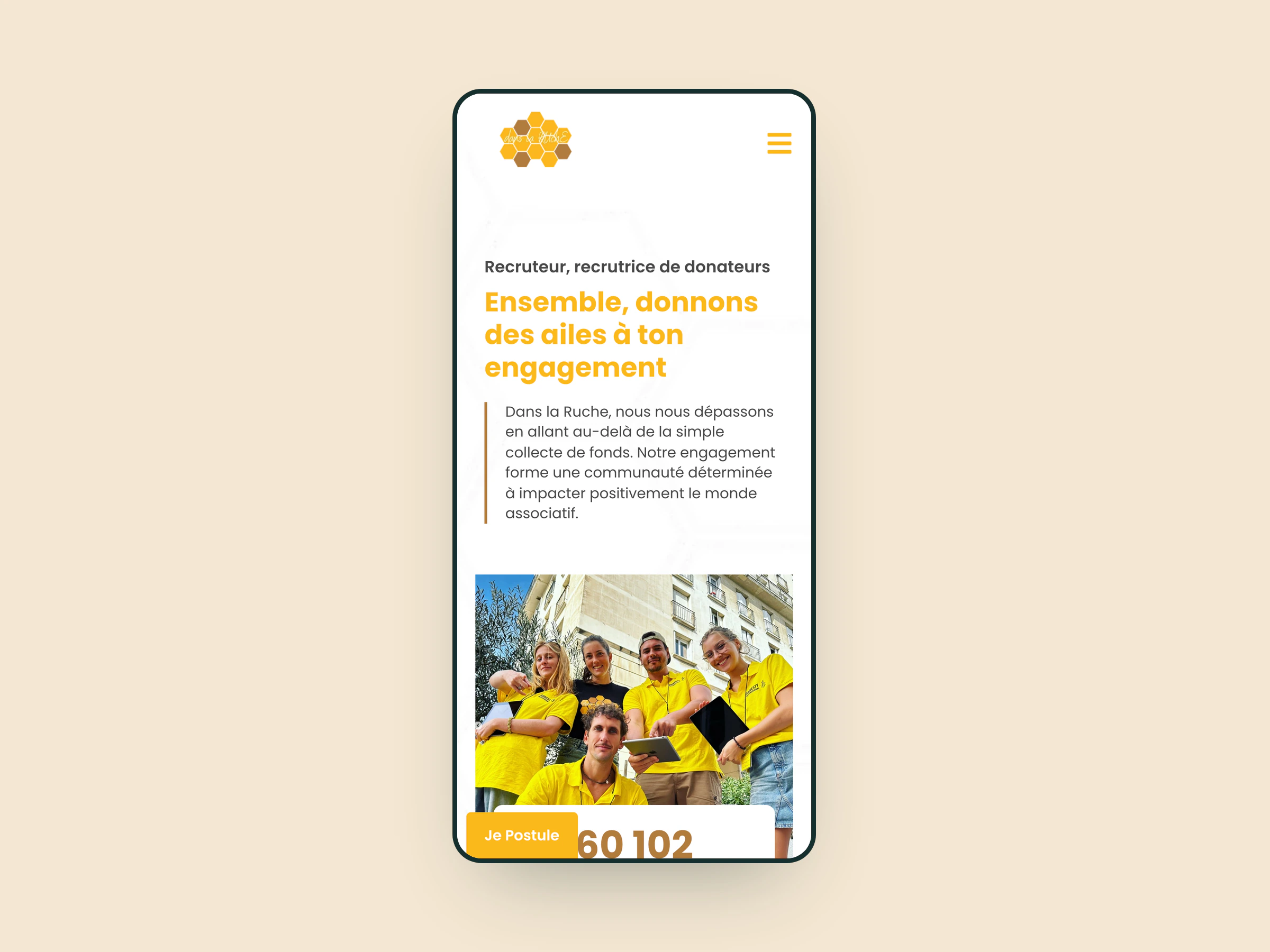 Formulaire de candidature de Dans La Ruche sur téléphone : « Moins de 30 secondes pour commencer l’aventure ! », en trois étapes