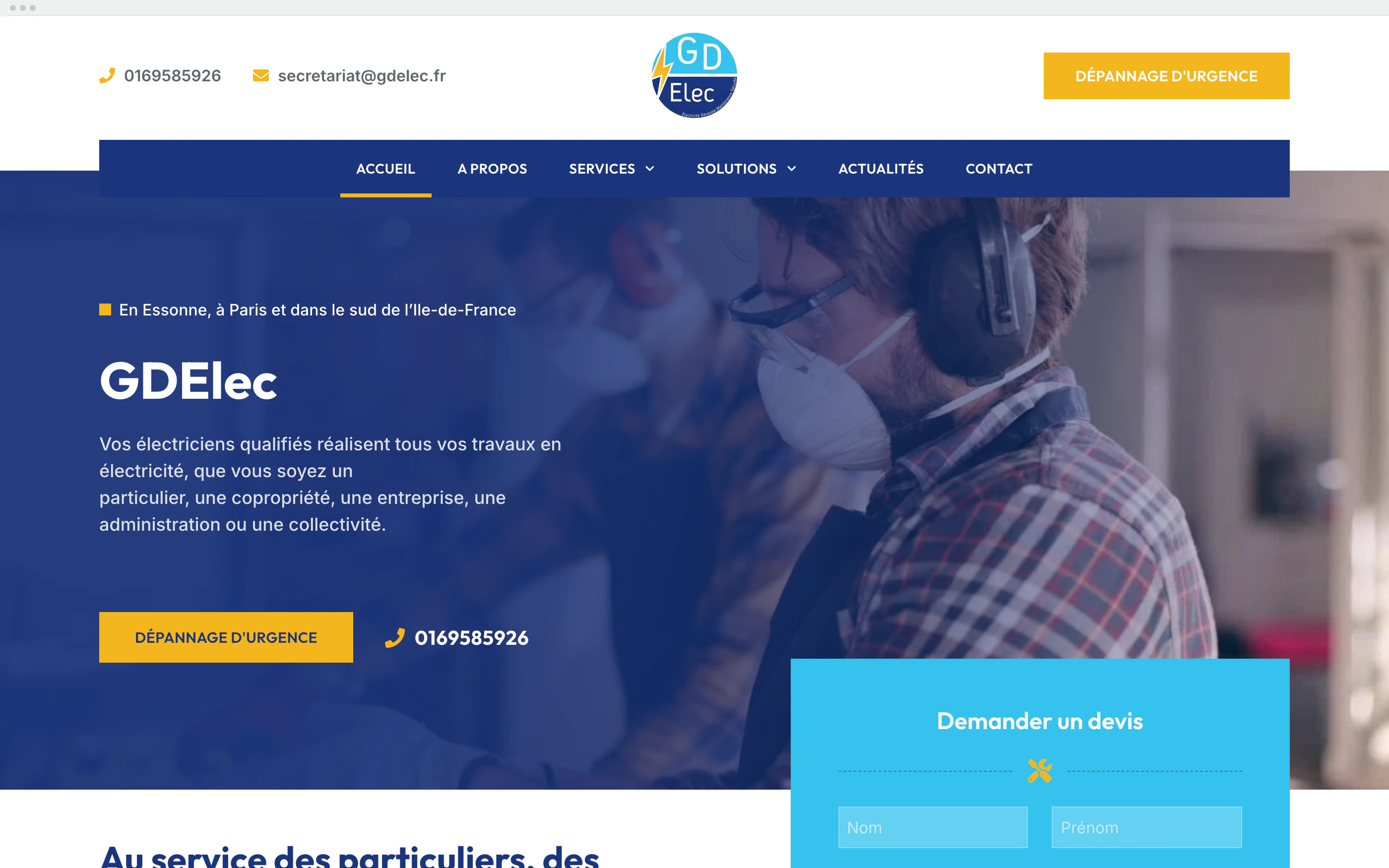 Page d'accueil du site de GDElec, électricien en Essonne, sur ordinateur