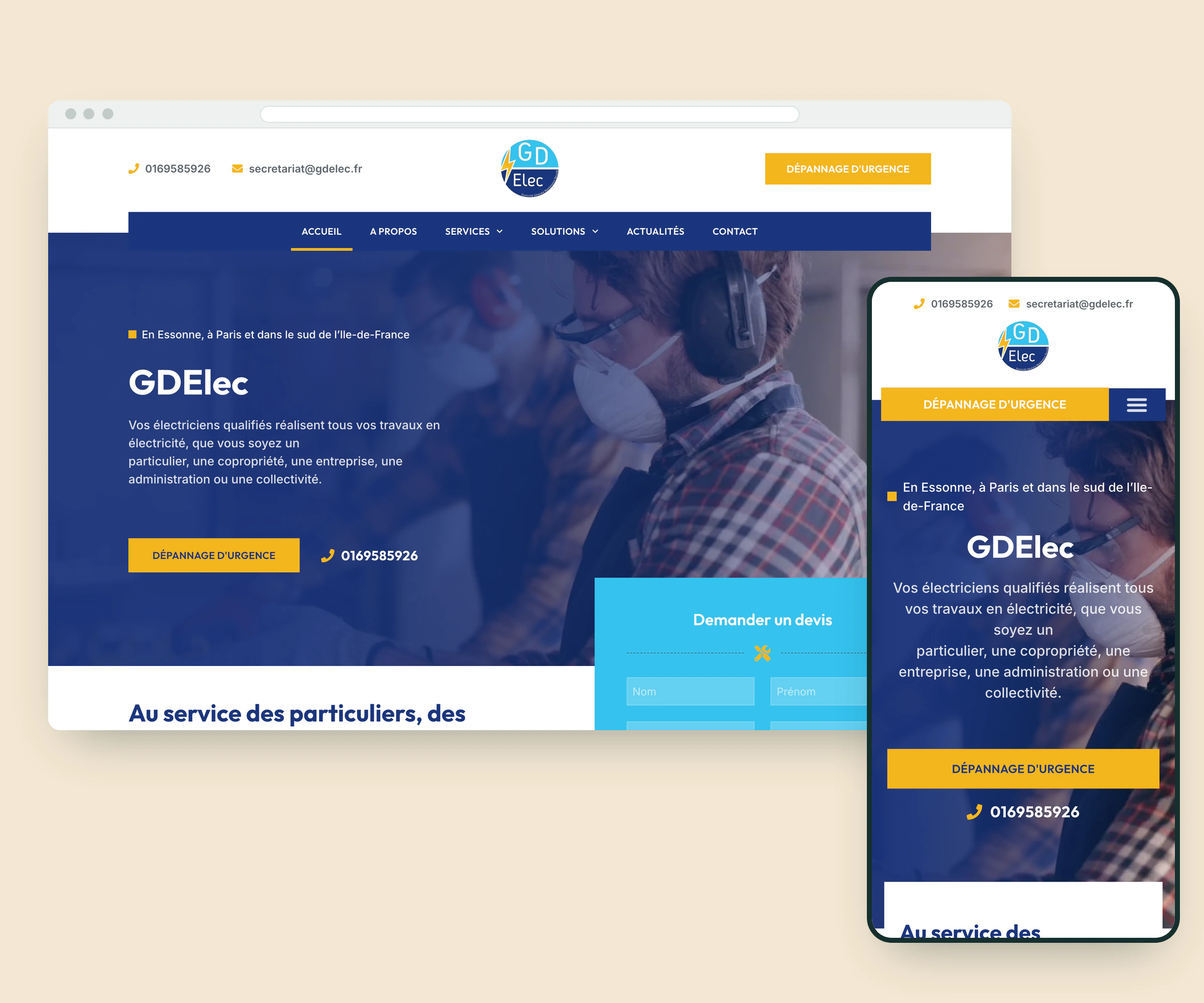 GDElec 1 Page d'accueil du site de GDElec sur ordinateur et sur mobile : accroche, bouton de dépannage d'urgence et demande de devis