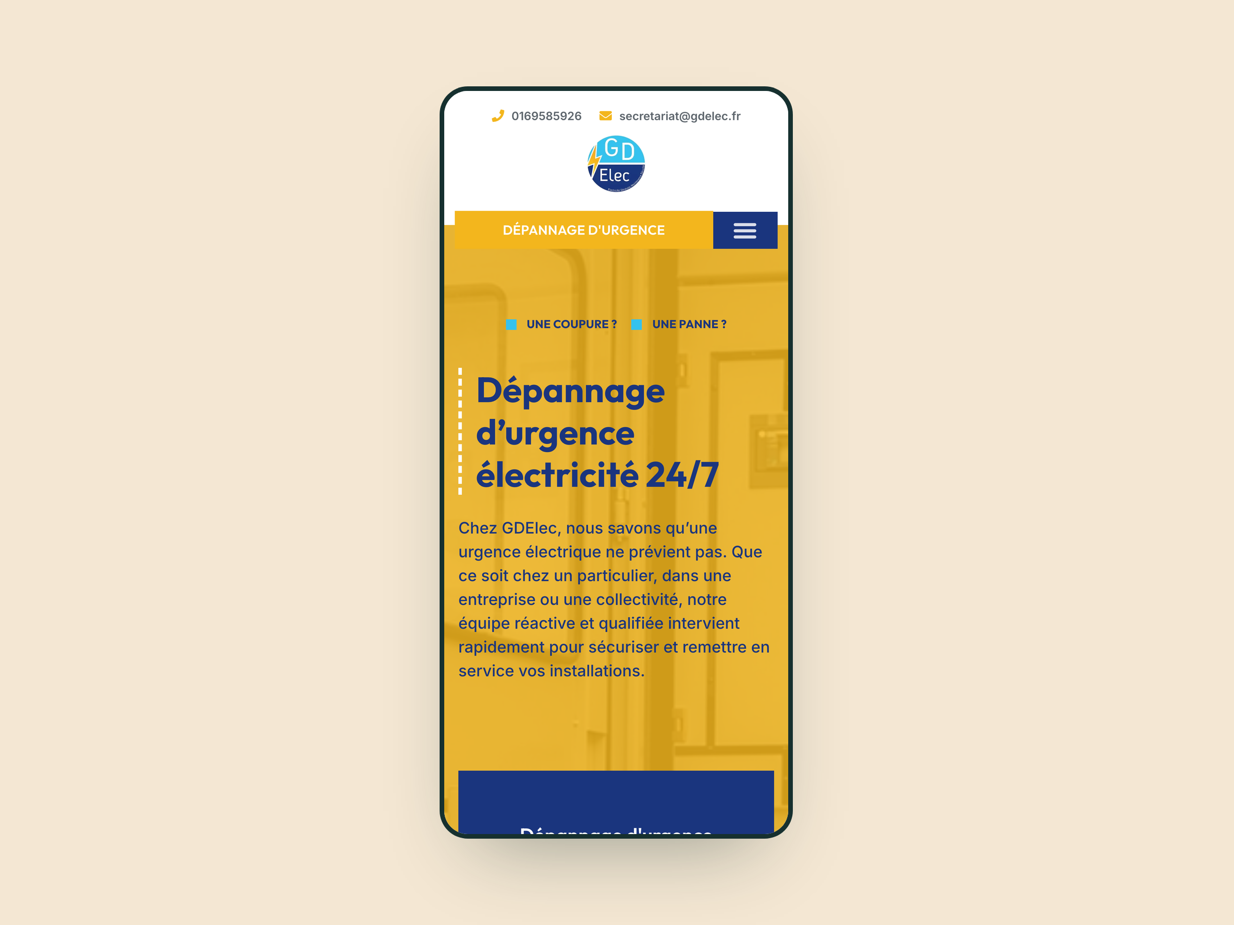 GDElec 2 Page Dépannage d'urgence du site de GDElec sur mobile, avec le numéro d'appel en haut de l'écran
