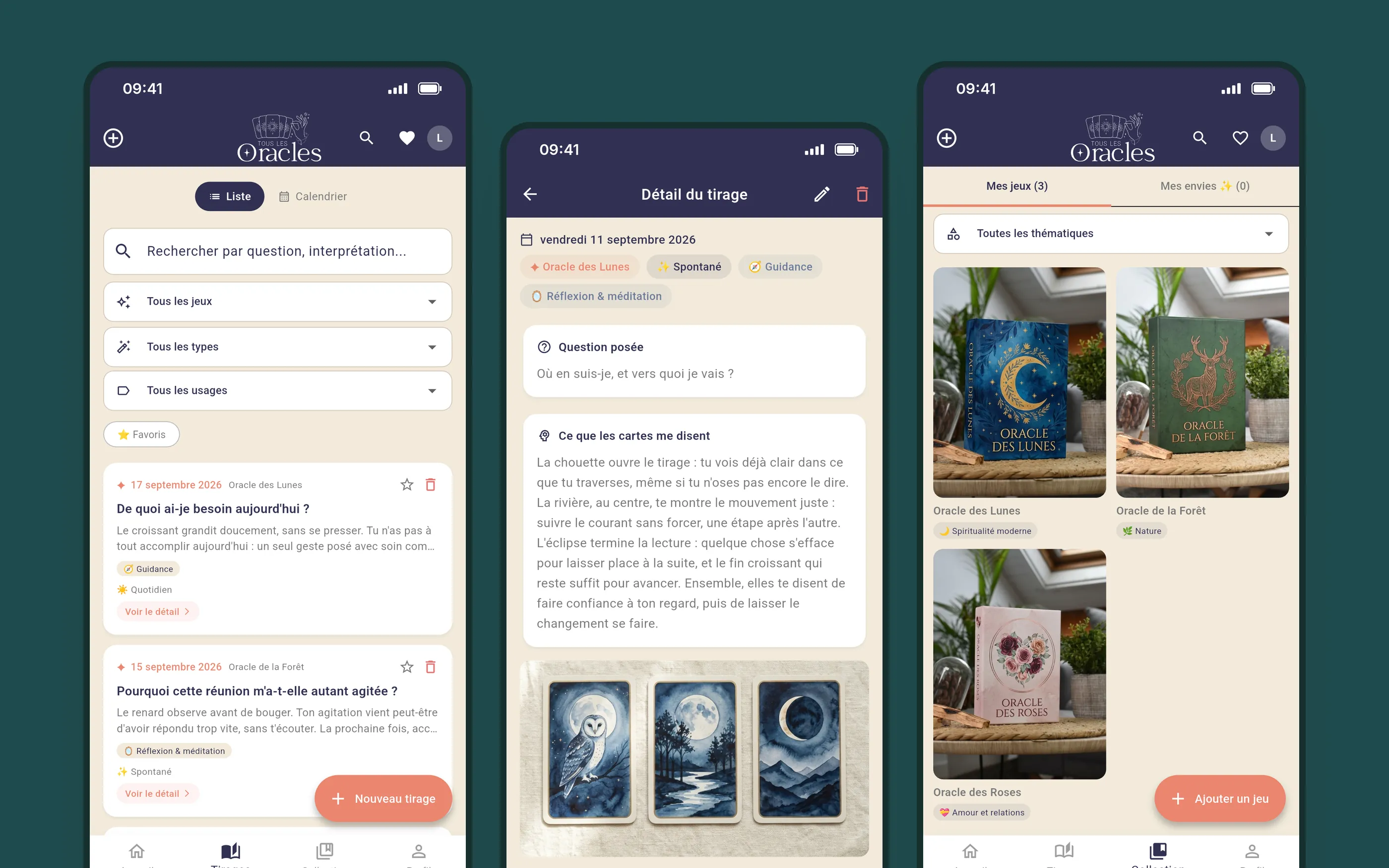 Journal de tirage 5 Application Journal de tirage sur trois téléphones : liste des tirages enregistrés, détail d'un tirage avec photo des cartes, et collection de jeux.