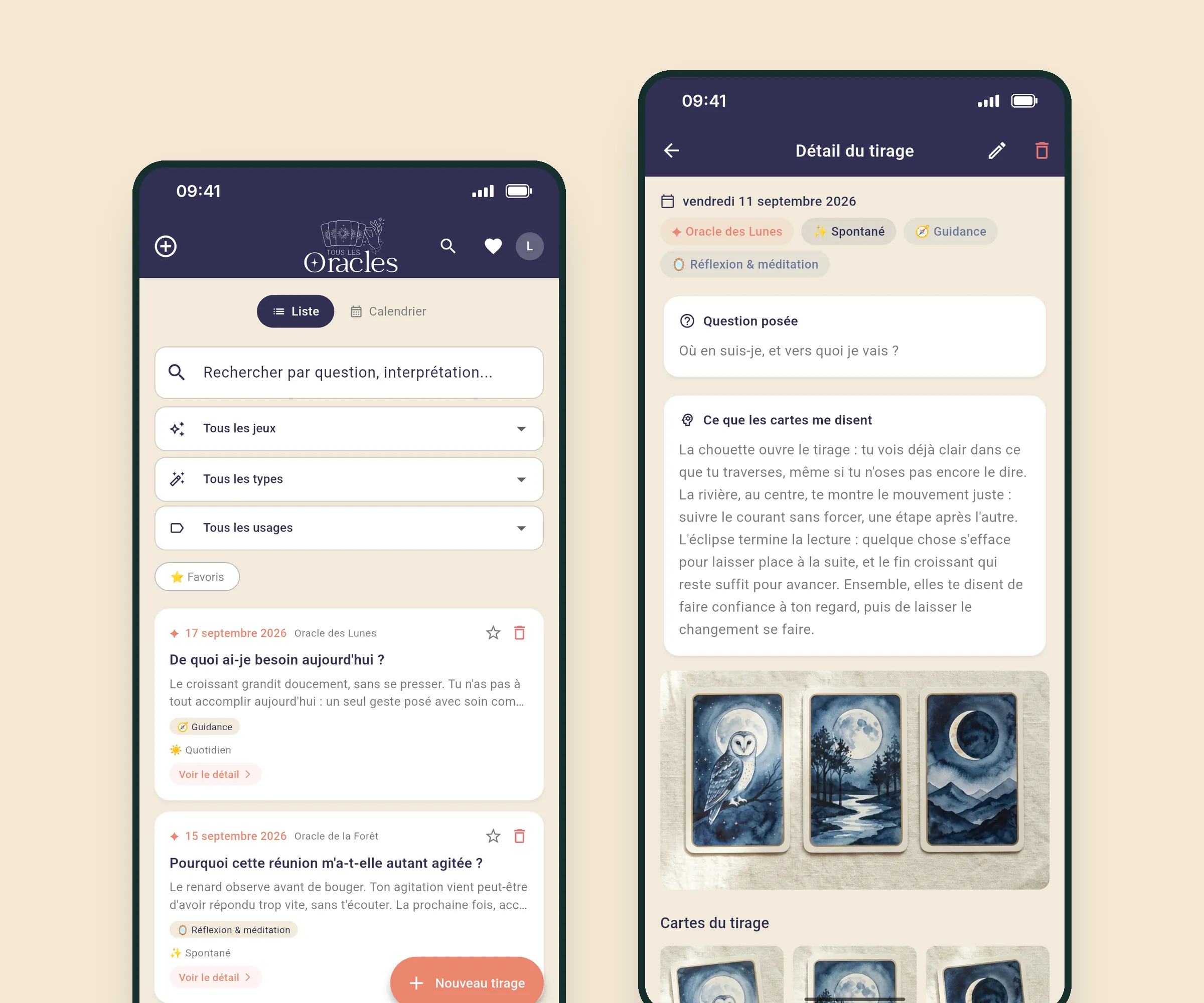 Journal de tirage 1 Application Journal de tirage sur téléphone : liste des tirages avec recherche et filtres, et détail d'un tirage avec question, notes et photo des cartes.