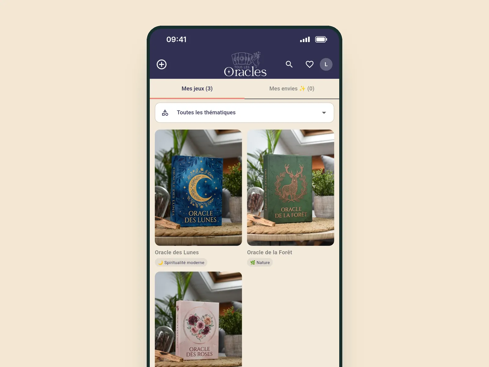Journal de tirage 2 Collection de jeux dans l'application Journal de tirage : trois jeux avec leur visuel et leur thématique, bouton Ajouter un jeu.