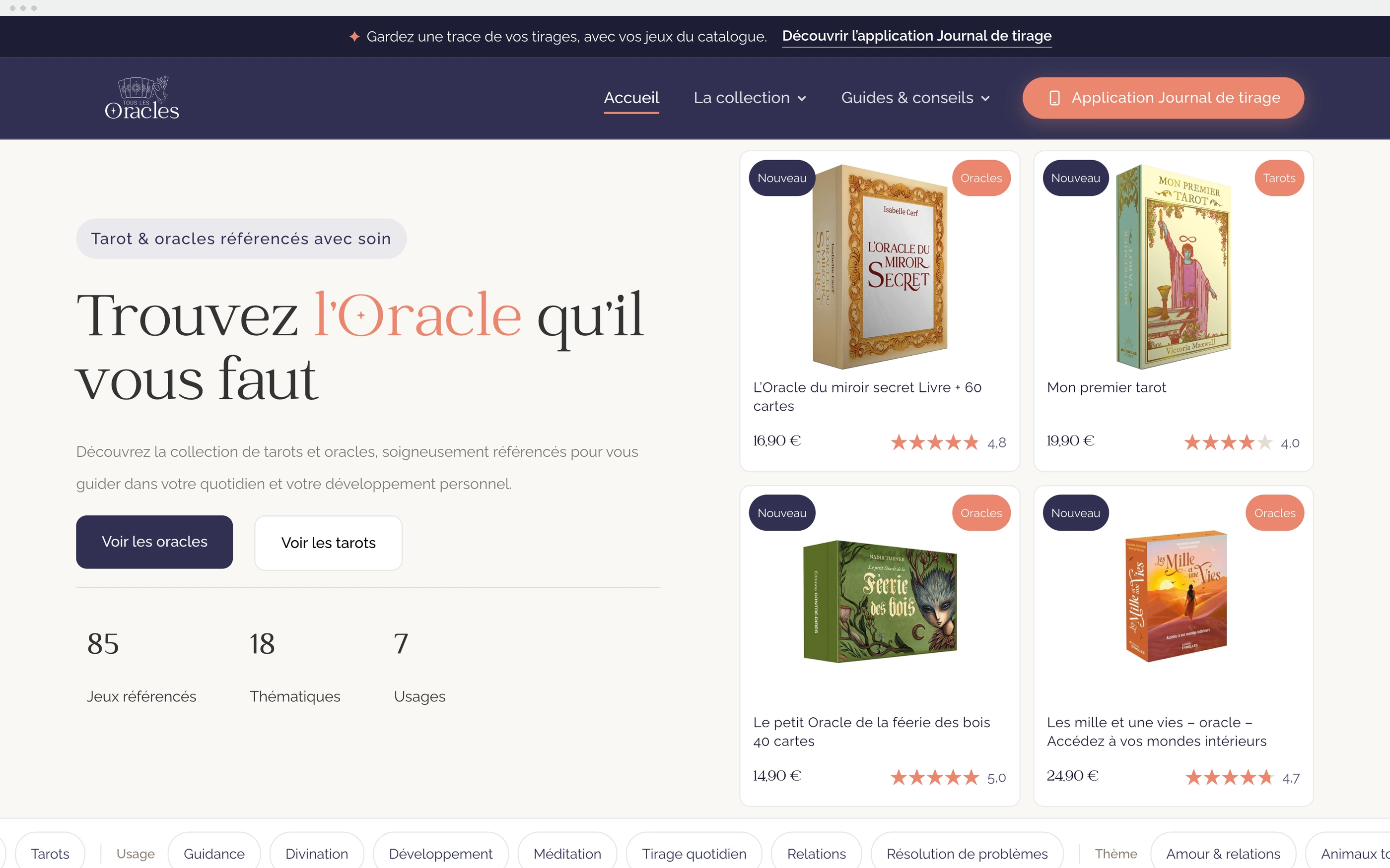 Tous les oracles 6 Page d'accueil du site d'affiliation Tous les oracles sur ordinateur : titre « Trouvez l'Oracle qu'il vous faut », derniers jeux référencés avec prix et notes, et filtres par usage.