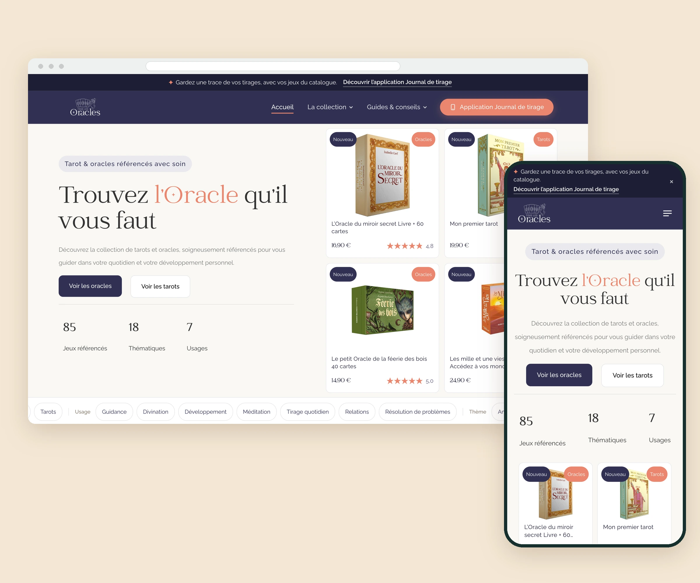 Tous les oracles 1 Page d'accueil du site d'affiliation Tous les oracles sur ordinateur et sur téléphone : titre « Trouvez l'Oracle qu'il vous faut », derniers jeux référencés avec prix et notes, filtres par type et par usage.