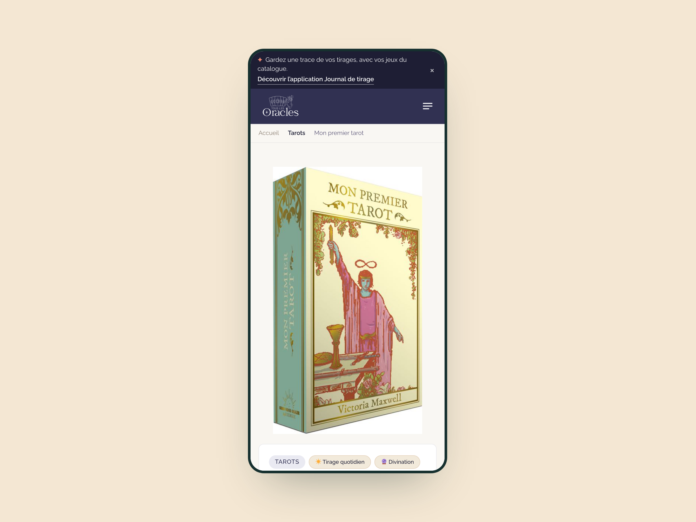 Tous les oracles 2 Fiche d'un jeu sur Tous les oracles, sur téléphone : fil d'Ariane, visuel du coffret et étiquettes de type et d'usage.